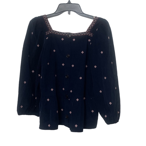 Madewell Small Corduroy Navy Peasant Top Cross Stitch Embroidered 100% Cotton - Picture 7 of 7